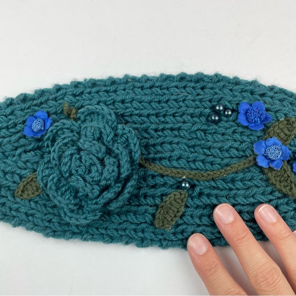 Blue Green Teal Crochet Floral Bohemian Boho Head Scarf Wrap - Picture 3 of 5
